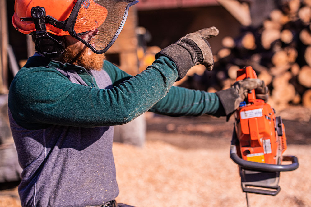A logger carrying a wood saw and pointing towards an abundance of logs.